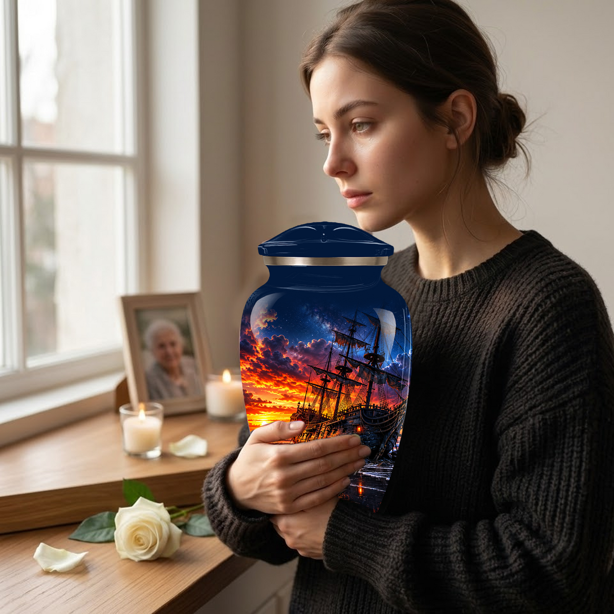 Personalized Pirate Ship Cremation Urn for Ashes, Sunset Ship Adult Memorial Urn