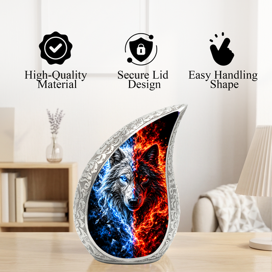 Fire and Ice Wolf Cremation Urn for Ashes, Dual Wolf Memorial Urn, Personalized Adult Cremation Urn