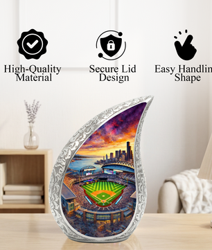Baseball Stadium Personalized Cremation Urn – Teardrop Style Aluminum Memorial Urn, 10 Inch