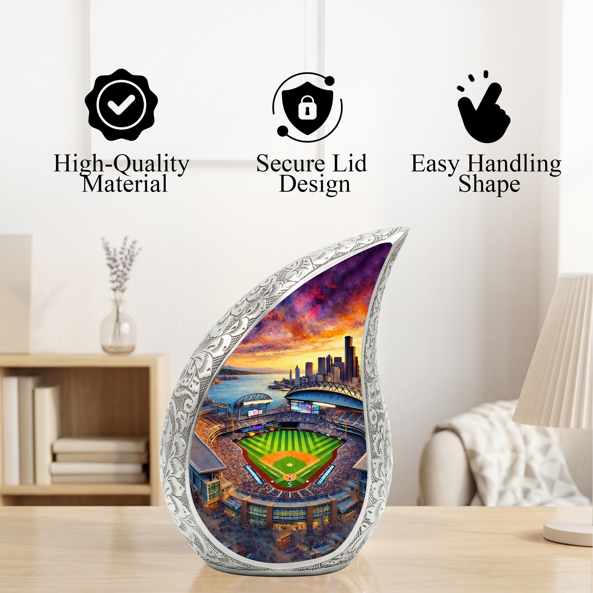 Baseball Stadium Personalized Cremation Urn – Teardrop Style Aluminum Memorial Urn, 10 Inch