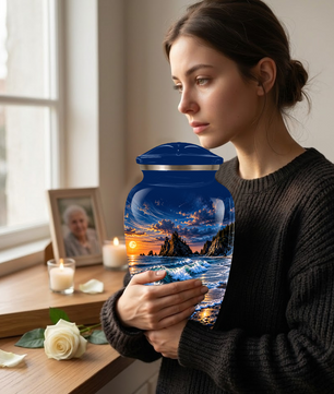 Personalized Adult Cremation Urn for Ashes, Custom Memorial Urn, Ocean Waves and Sunset Design