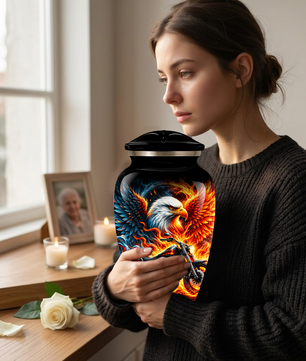 Eagle and Motorcycle Cremation Urn for Adult Ashes, Fiery Phoenix Eagle Biker Urn for Human Ashes