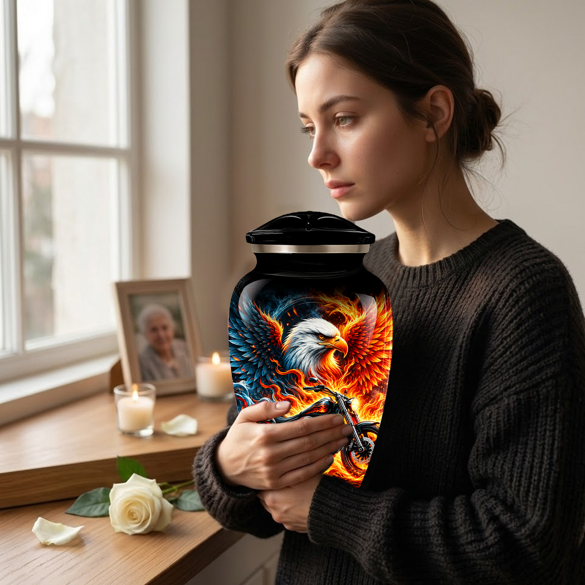 Eagle and Motorcycle Cremation Urn for Adult Ashes, Fiery Phoenix Eagle Biker Urn for Human Ashes