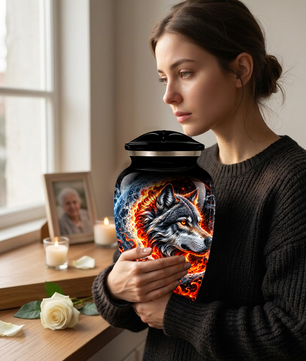 Personalized Wolf Cremation Urn for Ashes, Fiery Wolf Adult Memorial Urn,  Custom Adult Urn