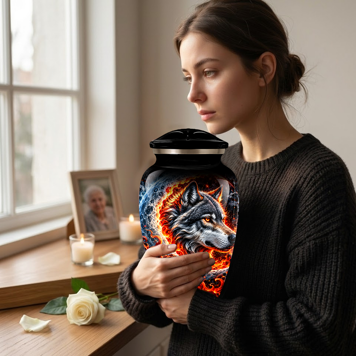 Personalized Wolf Cremation Urn for Ashes, Fiery Wolf Adult Memorial Urn,  Custom Adult Urn