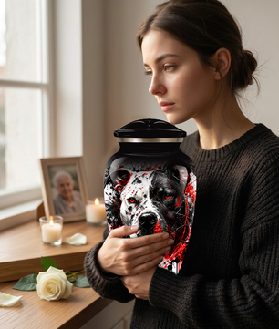 Personalized Pitbull Cremation Urn for Ashes  Black and White Pet Portrait Urn with Red Accents