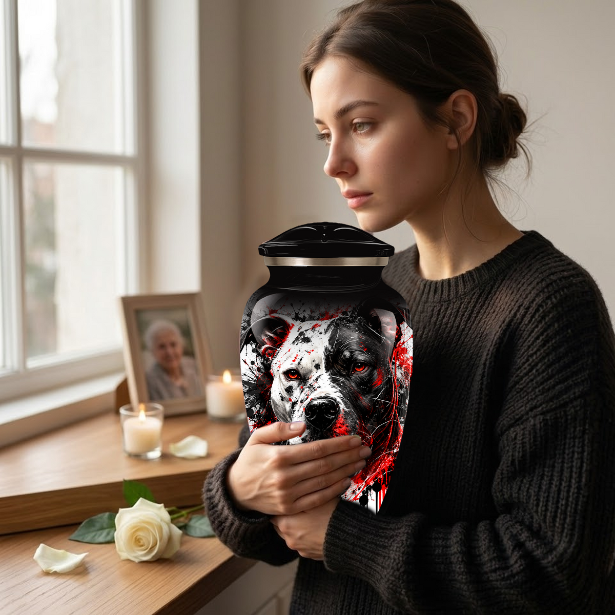 Personalized Pitbull Cremation Urn for Ashes  Black and White Pet Portrait Urn with Red Accents
