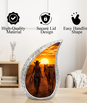 Cowgirl Sunset Urn for Mom – Western Horse Cremation Urn for Human Ashes