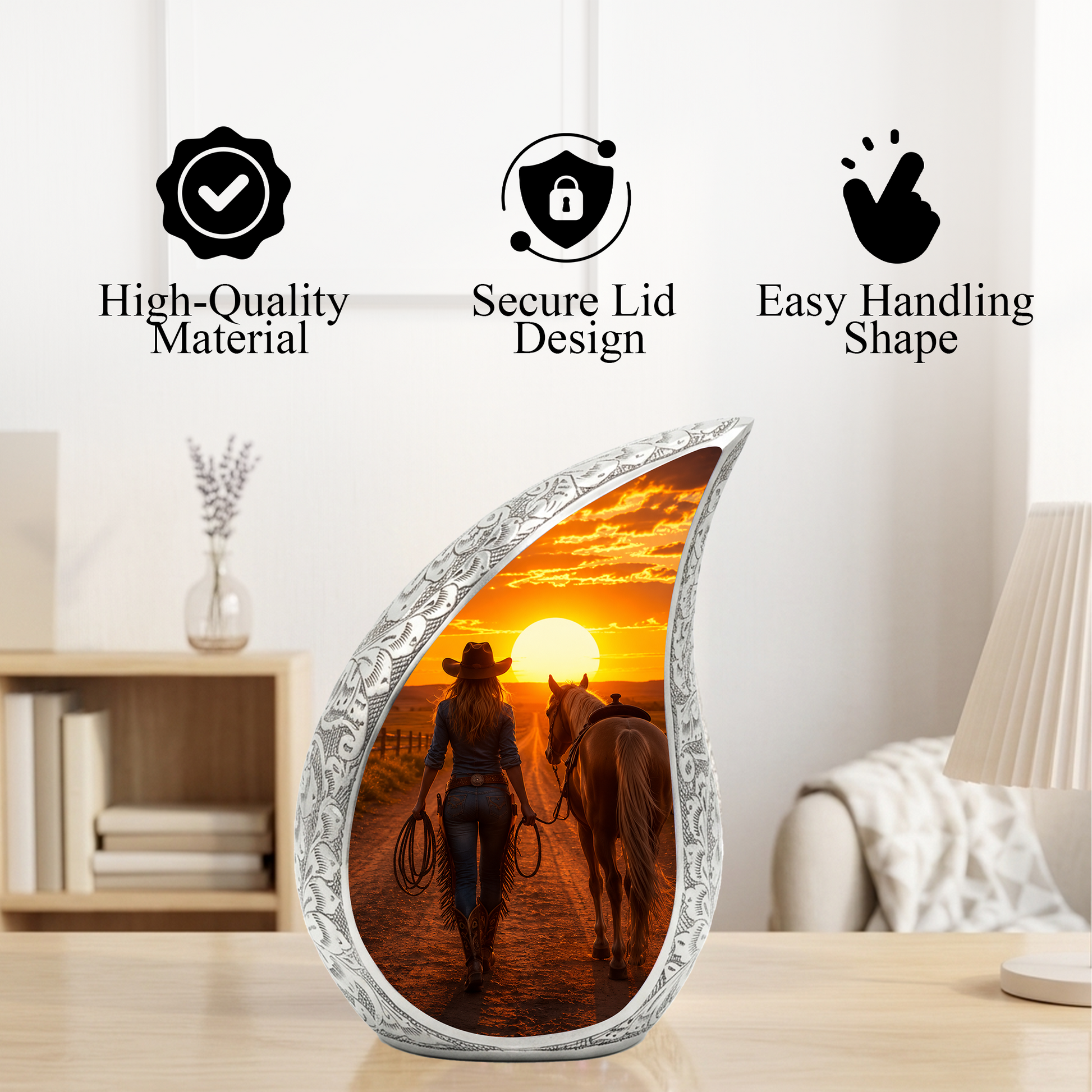 Cowgirl Sunset Urn for Mom – Western Horse Cremation Urn for Human Ashes