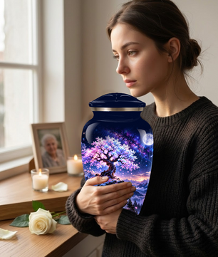 Personalized Adult Cremation Urn for Ashes, Pink Cherry Blossom Tree Memorial Urn, Custom Aluminum Urn