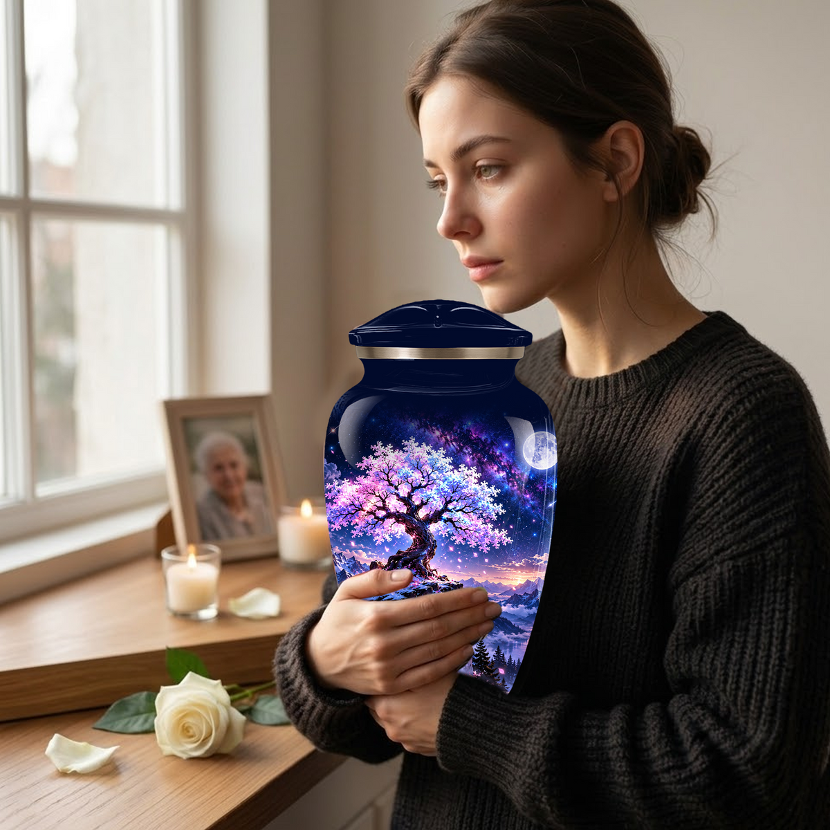 Personalized Adult Cremation Urn for Ashes, Pink Cherry Blossom Tree Memorial Urn, Custom Aluminum Urn