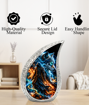 Wolf Warrior Cremation Urn for Ashes, Blue Wolf keepsake Adult Urn