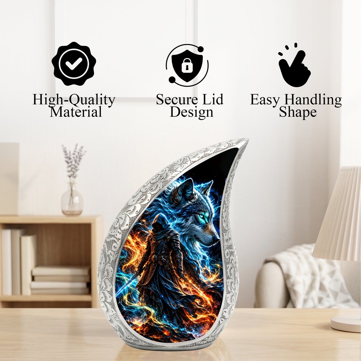 Wolf Warrior Cremation Urn for Ashes, Blue Wolf keepsake Adult Urn