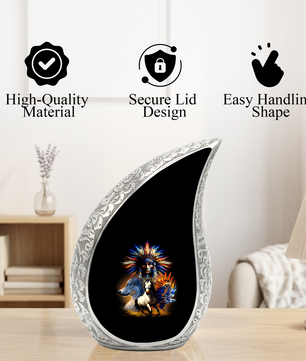 Native American Urns for Dad – Personalized Cremation Urn for Adult Male with Wolf & Horse Spirit Art