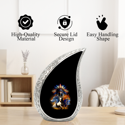 Native American Urns for Dad – Personalized Cremation Urn for Adult Male with Wolf & Horse Spirit Art