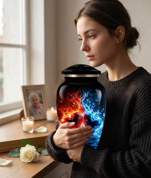 Red and Blue Heart Cremation Urn for Adult Ashes, Personalized Memorial Urn with Fire and Water Design