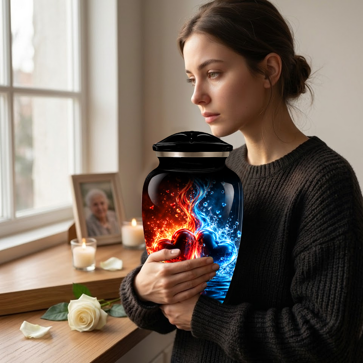 Red and Blue Heart Cremation Urn for Adult Ashes, Personalized Memorial Urn with Fire and Water Design