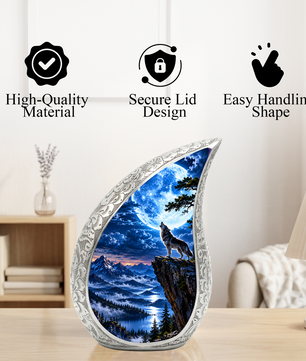 Wolf Moon Cremation Urn for Adult Ashes, Mountain Wildlife Memorial Urn, Howling Wolf Full Moon Design, Decorative Urn for Mom or Dad