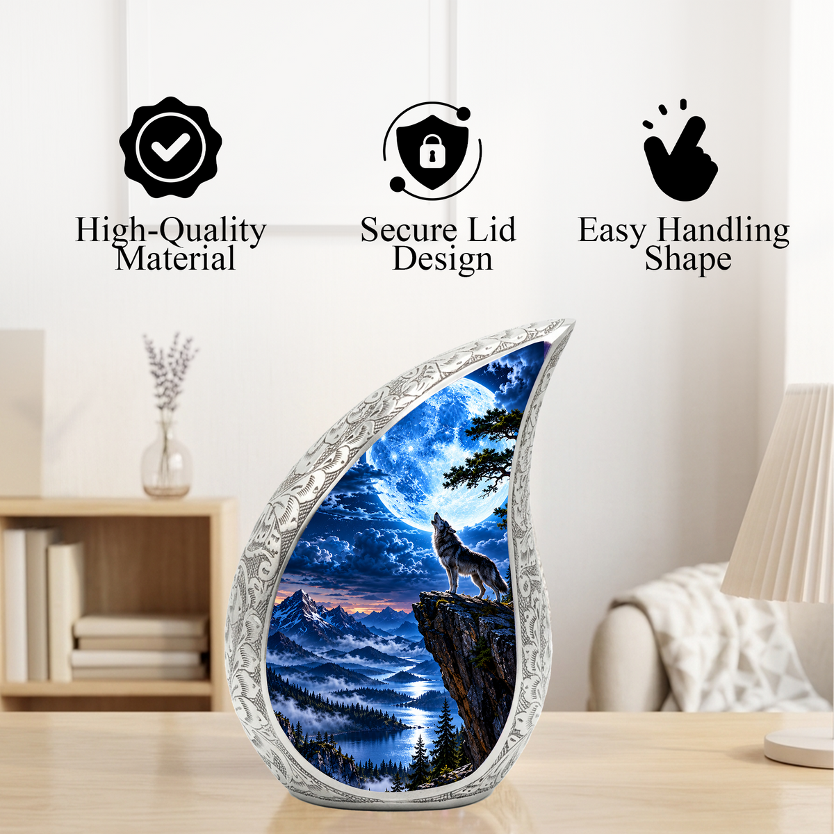Wolf Moon Cremation Urn for Adult Ashes, Mountain Wildlife Memorial Urn, Howling Wolf Full Moon Design, Decorative Urn for Mom or Dad