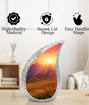 Sunrise Personalized Cremation Urn – Teardrop Style Aluminum Memorial Urn, 10 Inch