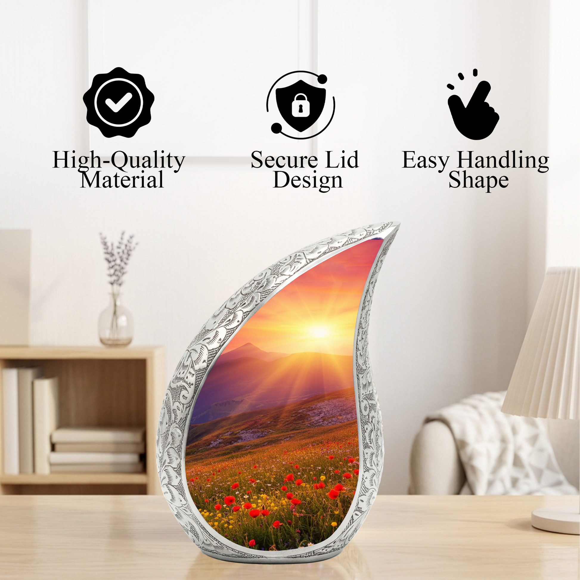Sunrise Personalized Cremation Urn – Teardrop Style Aluminum Memorial Urn, 10 Inch