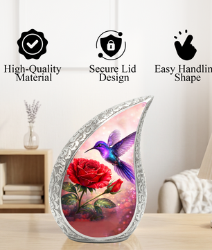 Hummingbird Rose Personalized Cremation Urn – Teardrop Style Aluminum Memorial Urn, 10 Inch