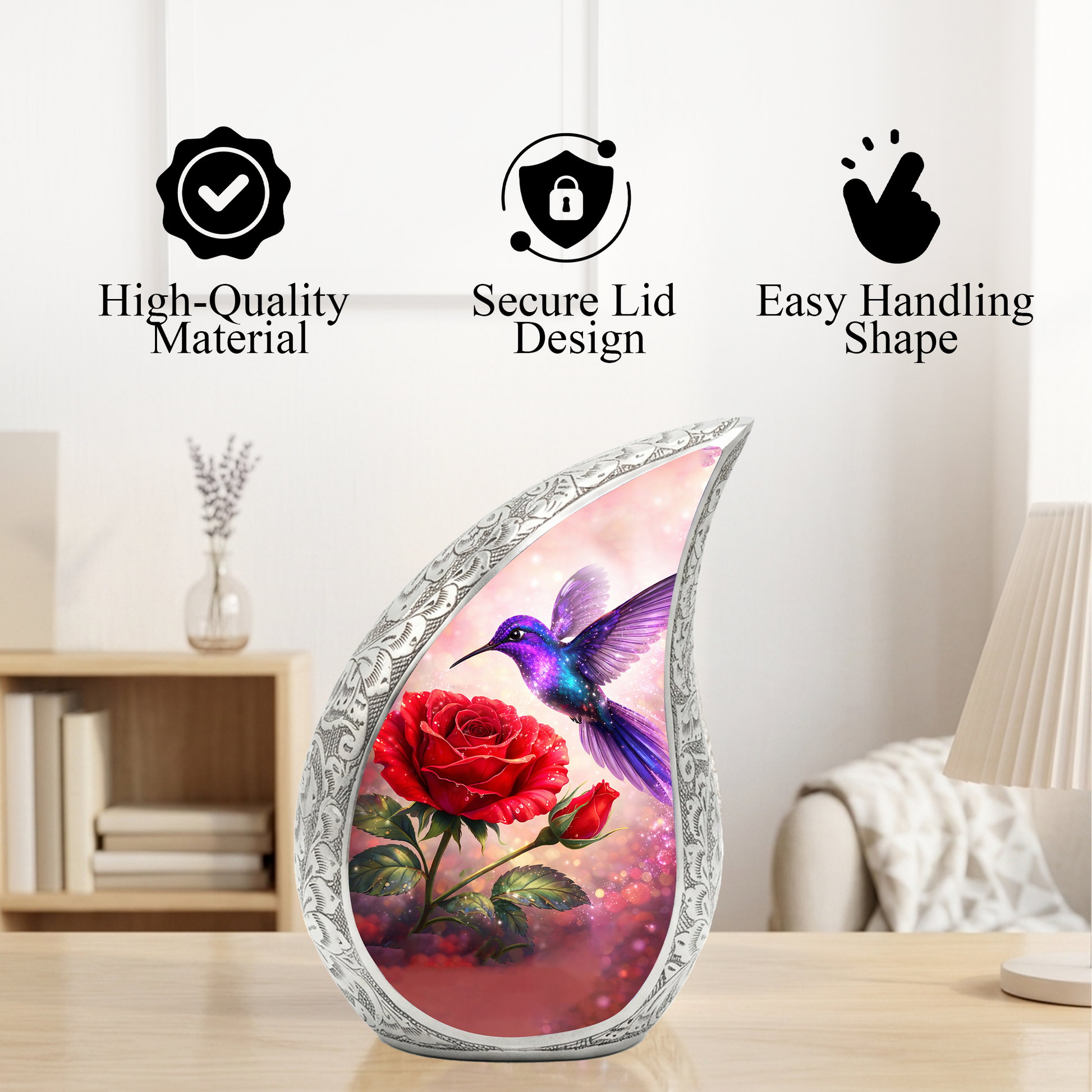 Hummingbird Rose Personalized Cremation Urn – Teardrop Style Aluminum Memorial Urn, 10 Inch