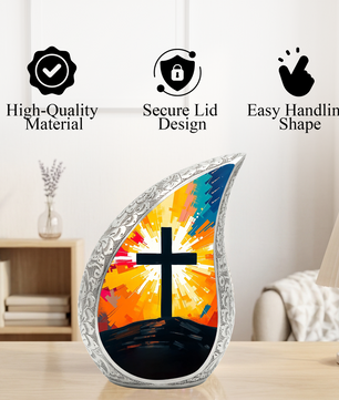 Cross Personalized Cremation Urn – Christian Memorial Teardrop Urn for Ashes | 10 Inch Aluminum Adult Urn