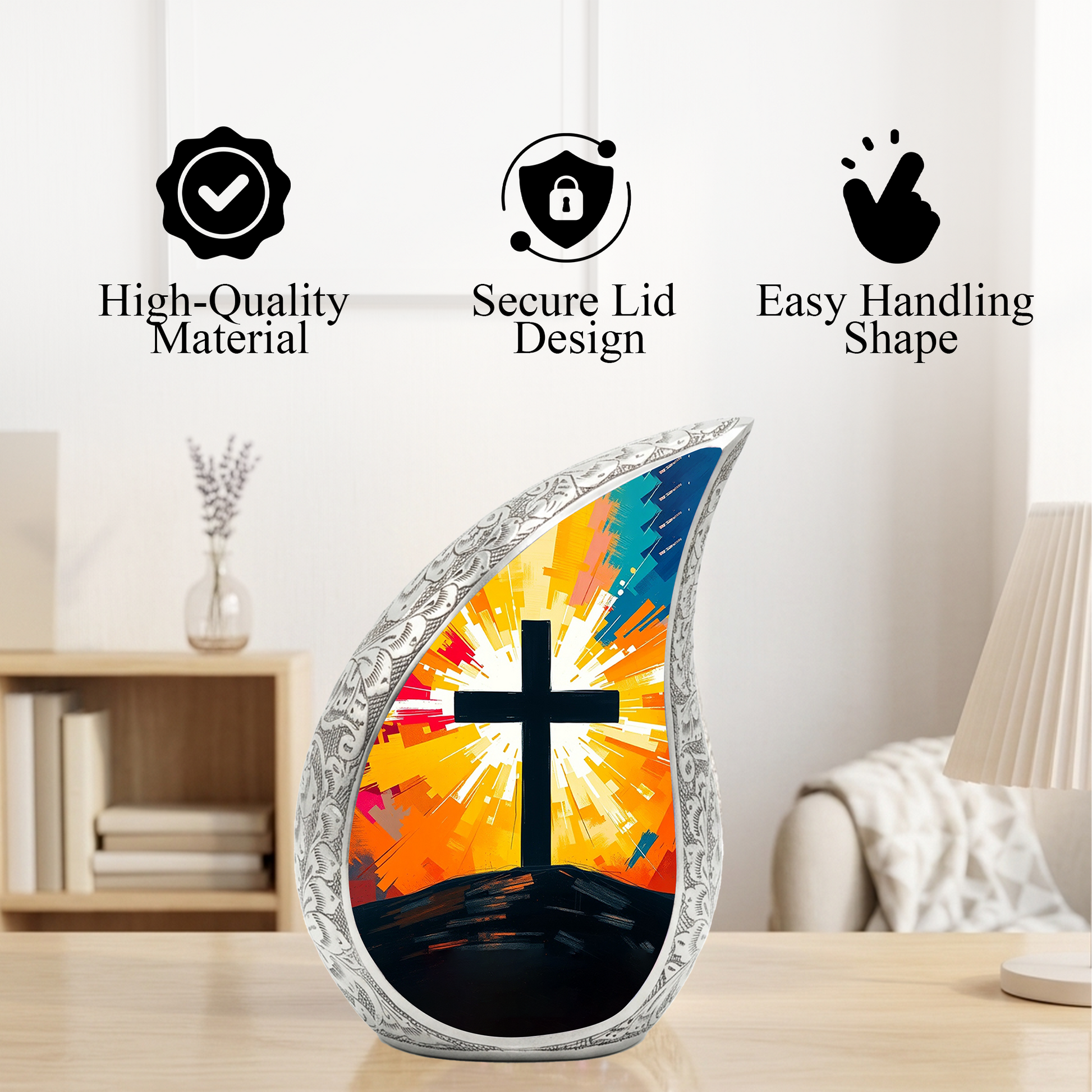 Cross Personalized Cremation Urn – Christian Memorial Teardrop Urn for Ashes | 10 Inch Aluminum Adult Urn