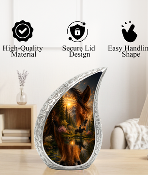 Horse Urn for Human Ashes | Adult Cremation Urn with Horse & Mountain Sunset