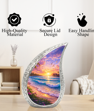 Personalized Beach Cremation Urn – Custom Ocean Sunset Memorial Urn for Ashes, Tropical Beach Teardrop Aluminum Adult Urn, 10 Inch |