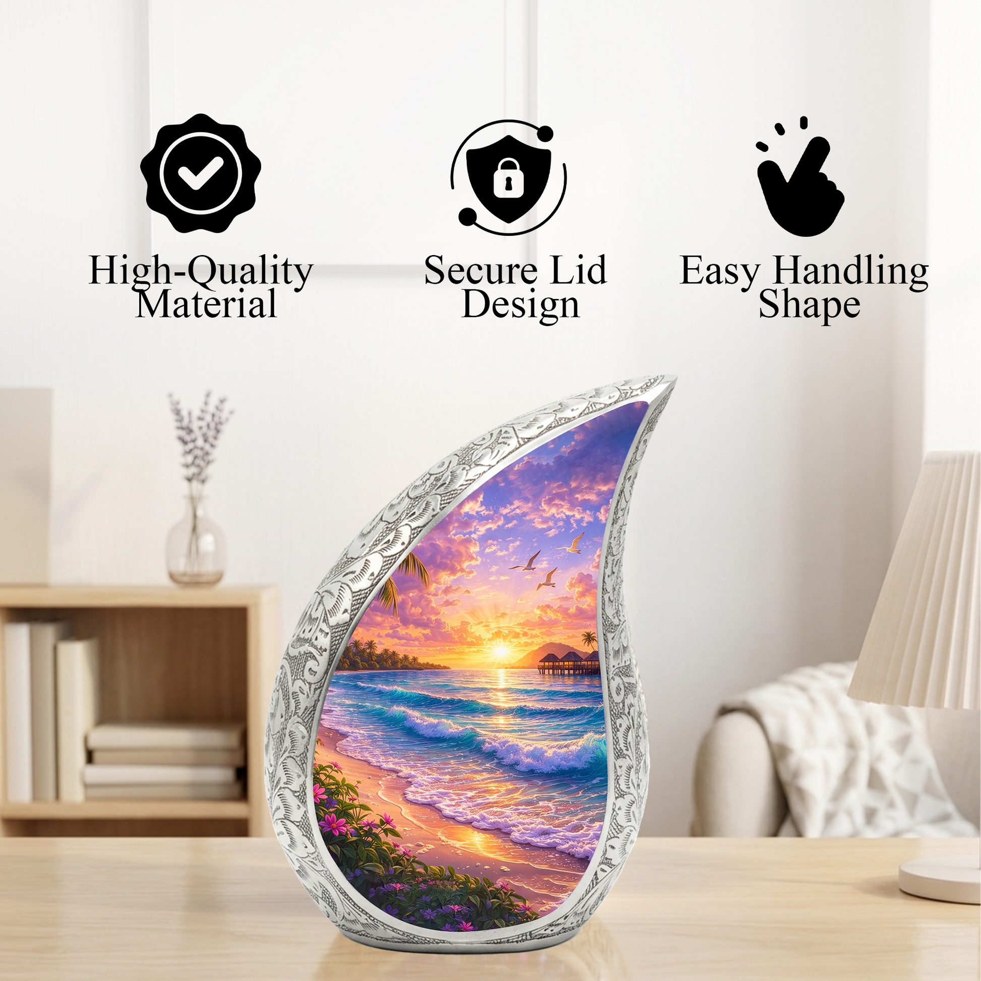 Personalized Beach Cremation Urn – Custom Ocean Sunset Memorial Urn for Ashes, Tropical Beach Teardrop Aluminum Adult Urn, 10 Inch |