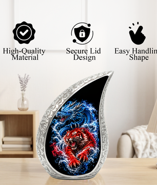 Dragon Tiger Cremation Urn for Ashes, Asian Dragon Memorial Urn, Red Tiger & Blue Dragon Urn, Personalized Adult Urn for Men