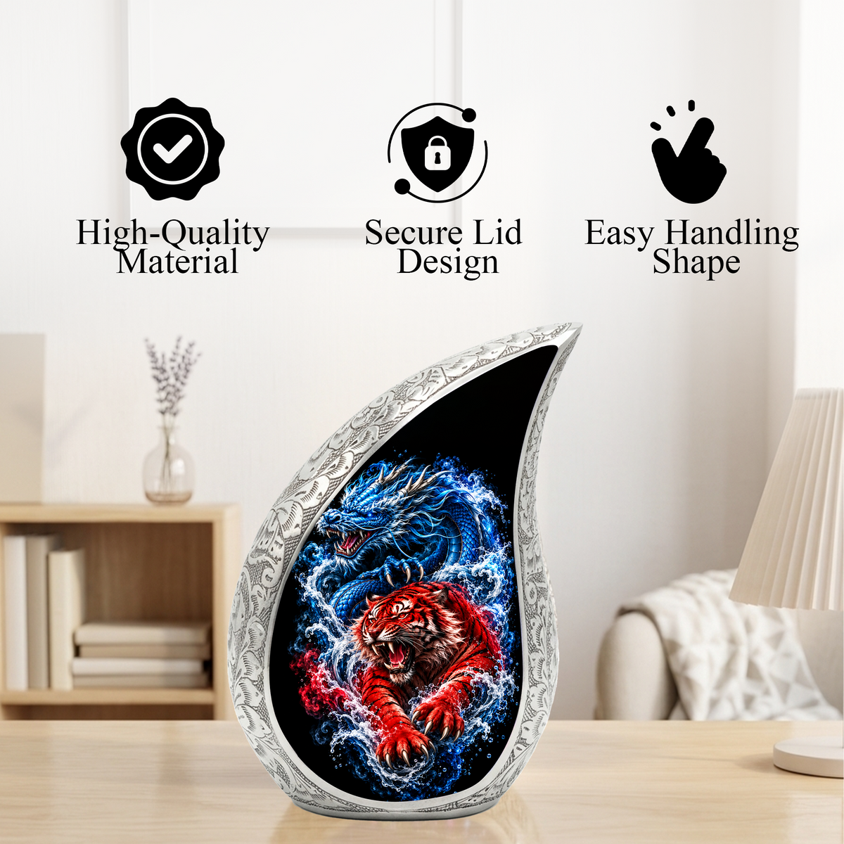 Dragon Tiger Cremation Urn for Ashes, Asian Dragon Memorial Urn, Red Tiger & Blue Dragon Urn, Personalized Adult Urn for Men