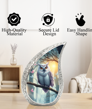 Enchanted Owl Personalized Cremation Urn – Teardrop Memorial Urn for Ashes | 10 Inch Aluminum Adult Urn