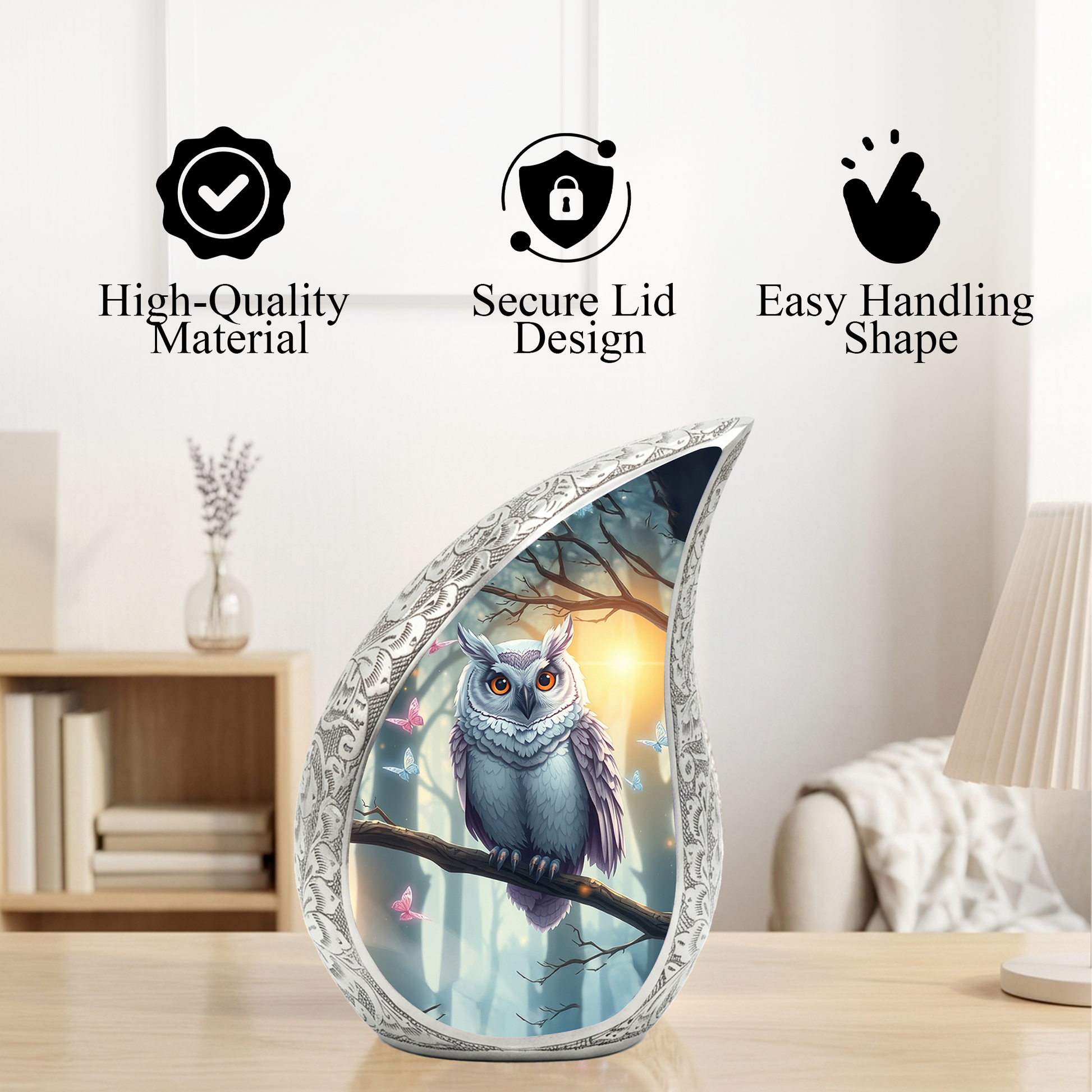Enchanted Owl Personalized Cremation Urn – Teardrop Memorial Urn for Ashes | 10 Inch Aluminum Adult Urn