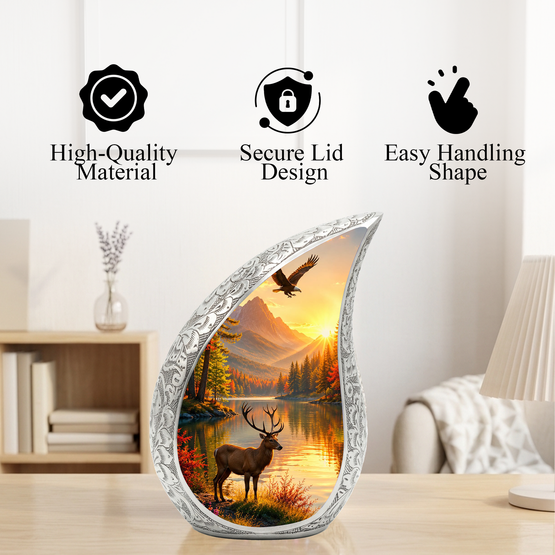 Deer Memorial Adult Urn for Ashes, Mountain Lake Cremation Urn