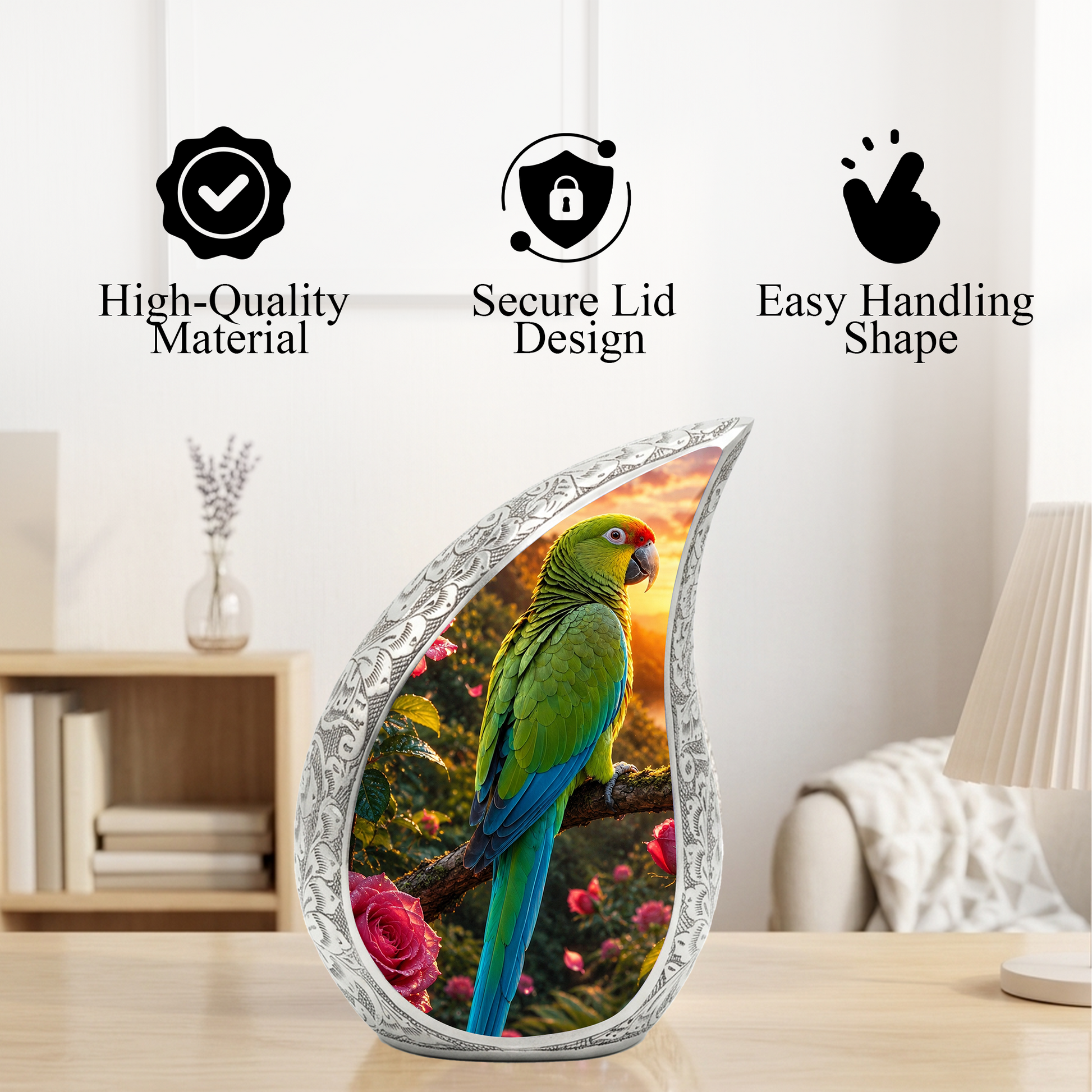 Personalized Parrot Urn for Mom – Forest Urn for Ashes | Cremation Urn for Men & Women