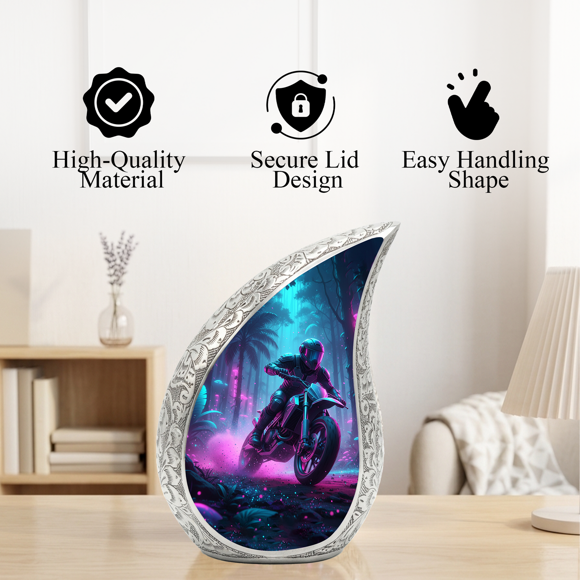Motorcycle Personalized Cremation Urn for Dad – Teardrop Style Aluminum Memorial Urn, 10 Inch |
