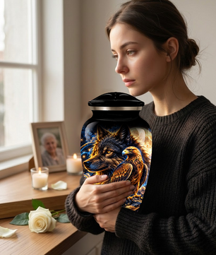Wolf and Eagle Cremation Urn for Adult Ashes, Black Memorial Urn with Golden Eagle, Majestic Wolf and Celestial Artwork