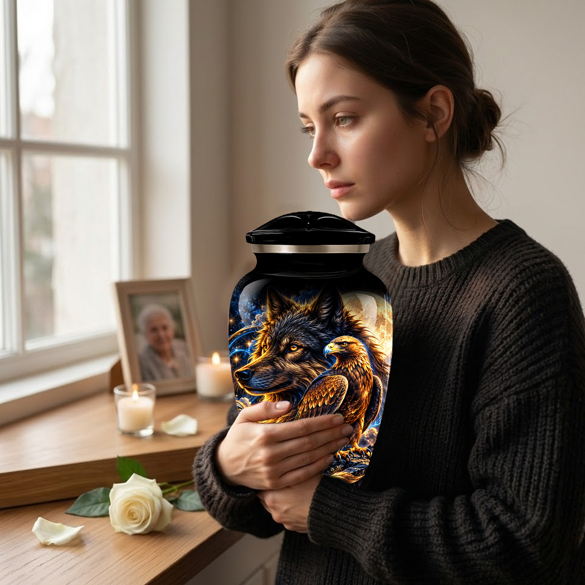 Wolf and Eagle Cremation Urn for Adult Ashes, Black Memorial Urn with Golden Eagle, Majestic Wolf and Celestial Artwork