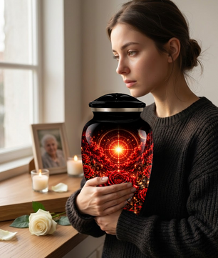 Red Rose Cremation Urn – Elegant Adult Memorial Urn for Ashes with Celestial Rose Design