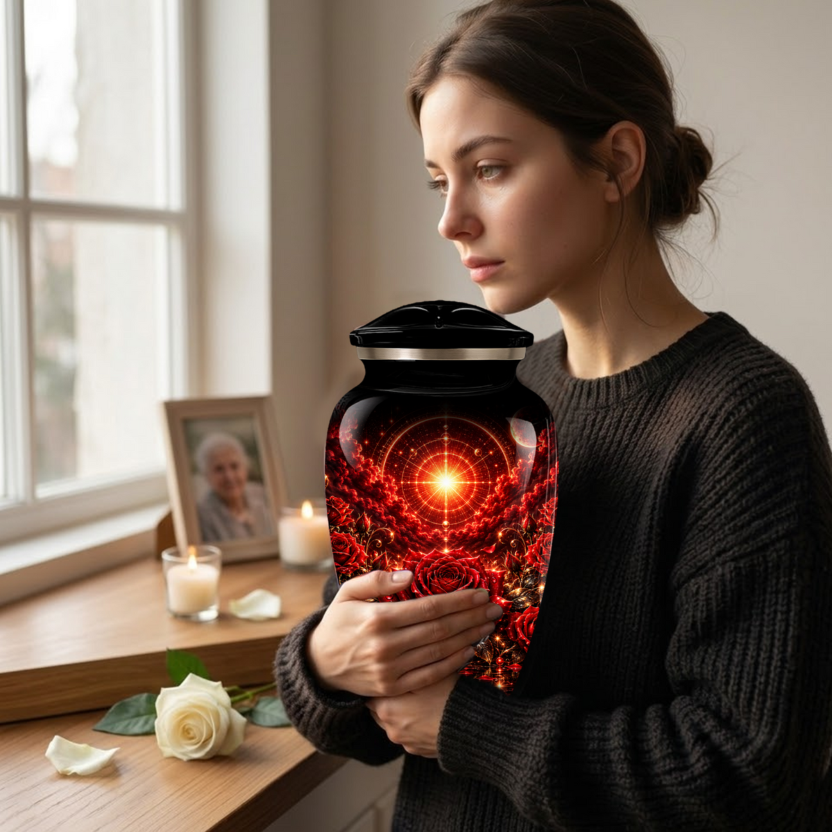 Red Rose Cremation Urn – Elegant Adult Memorial Urn for Ashes with Celestial Rose Design