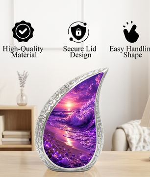Beach Urns for Human Ashes – Purple Ocean Wave Sunset Beach Themed Cremation Urn