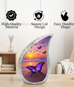 Butterfly Sunset Personalized Cremation Urn – Teardrop Style Aluminum Memorial Urn, 10 Inch