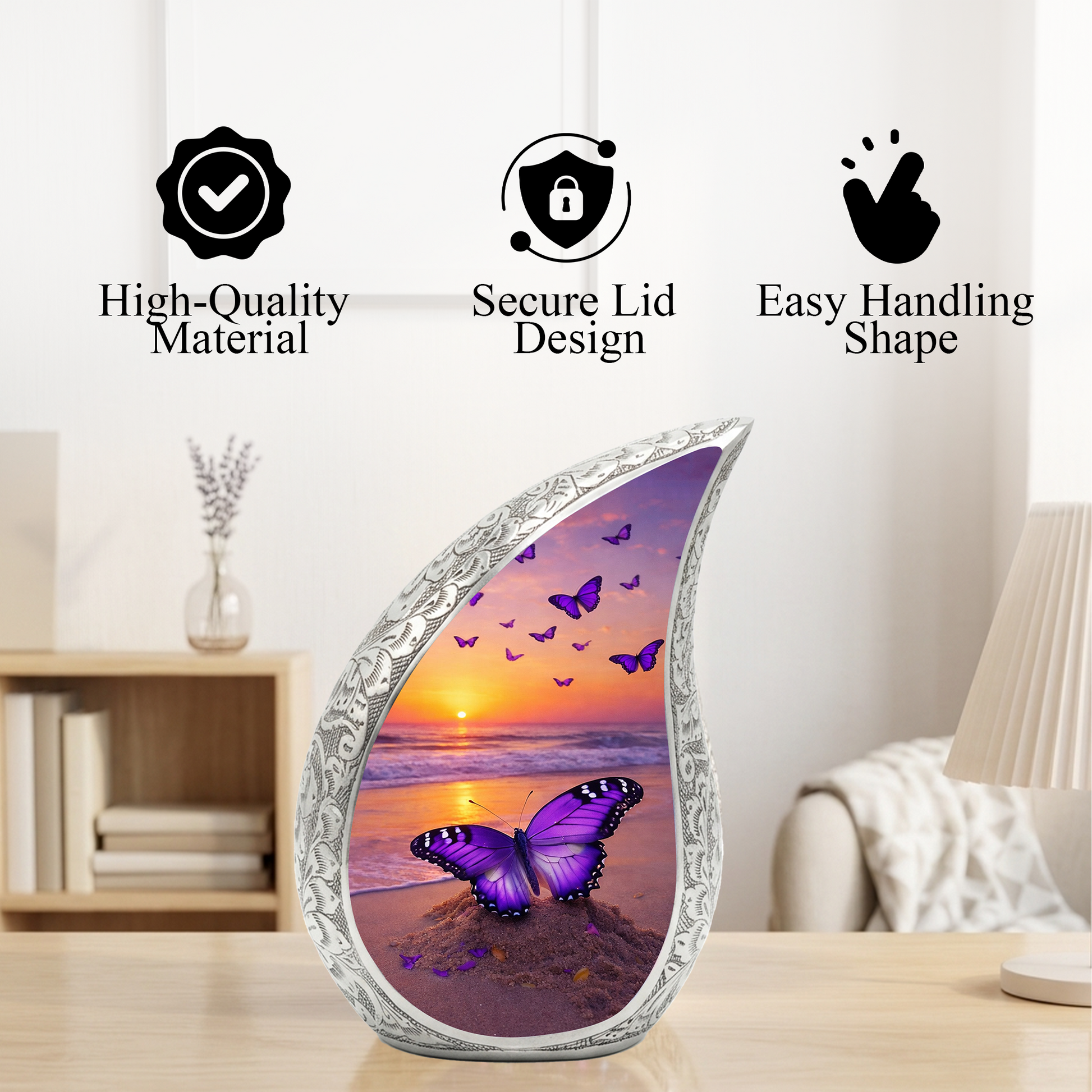 Butterfly Sunset Personalized Cremation Urn – Teardrop Style Aluminum Memorial Urn, 10 Inch