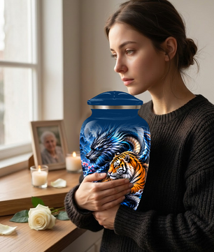 Blue Dragon and Tiger Cremation Urn for Adult Ashes, Fantasy Animal Memorial Urn