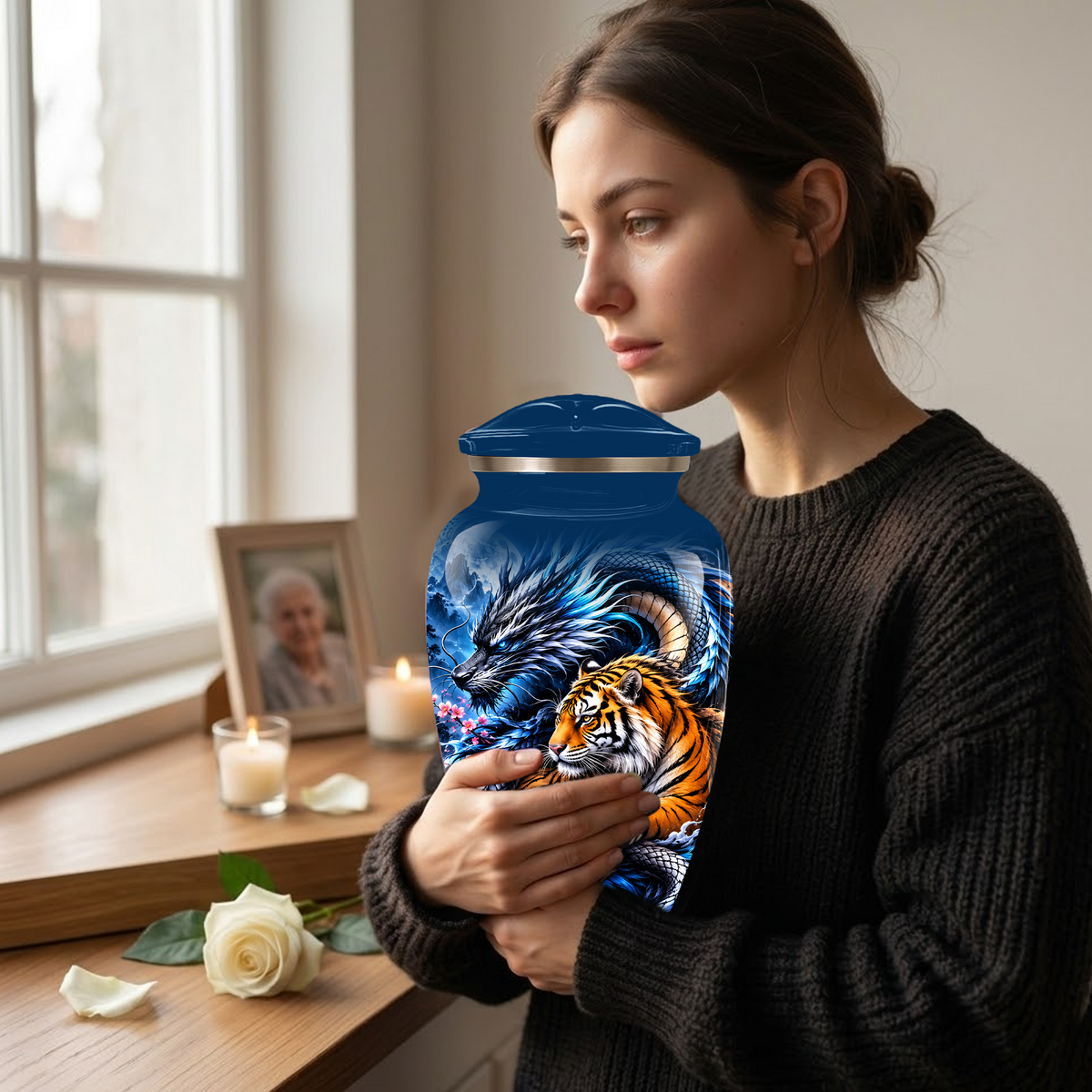 Blue Dragon and Tiger Cremation Urn for Adult Ashes, Fantasy Animal Memorial Urn