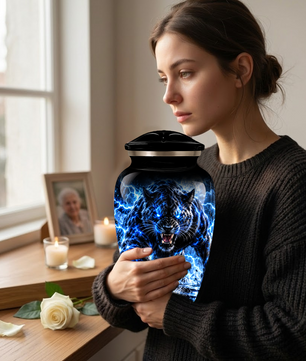 Black Panther Cremation Urn for Ashes, Blue Lightning Big Cat Urn for Human Ashes