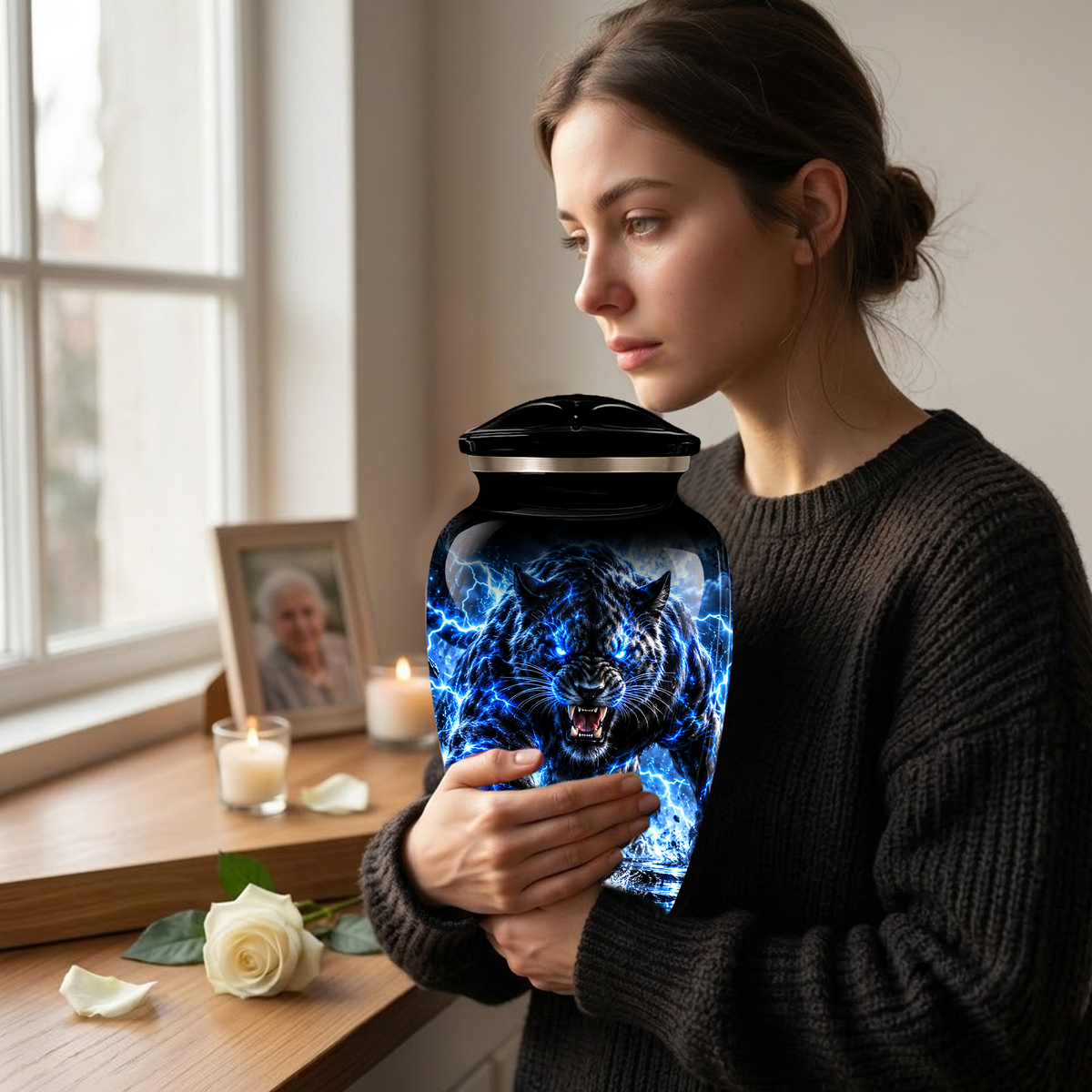 Black Panther Cremation Urn for Ashes, Blue Lightning Big Cat Urn for Human Ashes